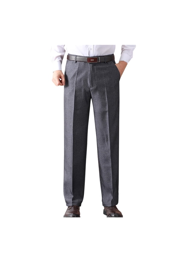 Men’s Iron Free Premium Khaki Hidden Expandable Waistband Classic Fit Pleated Front Gabardine Thicken Warm Dress Pants Gray