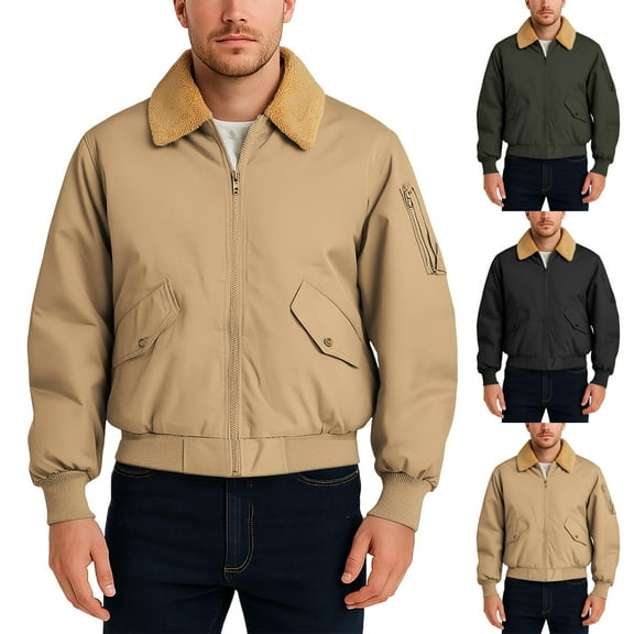 RYDCOT Men's Jacket Lapel Collar Motorcycle Jacket Vintage Long Sleeved Capless Jacket with Pocket Khaki