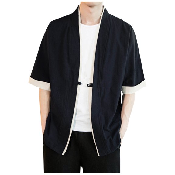 RYDCOT Men's Kimono Jackets Cardigan Lightweight Casual Cotton Blends Linen 3/4 Sleeves Open Front Coat Outwear Black