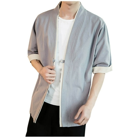 RYDCOT Men's Kimono Jackets Cardigan Lightweight Casual Cotton Blends Linen 3/4 Sleeves Open Front Coat Outwear Gray