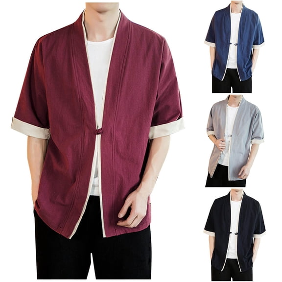 RYDCOT Men's Kimono Jackets Cardigan Lightweight Casual Cotton Blends Linen 3/4 Sleeves Open Front Coat Outwear Wine