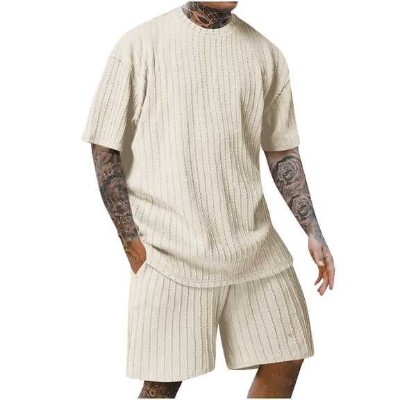 RYDCOT Men's Knitted Cotton 2 Piece Outfits Short Sleeve Crew Neck Summer T Shirt and Casual Track Shorts Sportswear Sets Beige