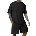 thumbnail image 1 of RYDCOT Men's Knitted Cotton 2 Piece Outfits Short Sleeve Crew Neck Summer T Shirt and Casual Track Shorts Sportswear Sets Black, 1 of 6