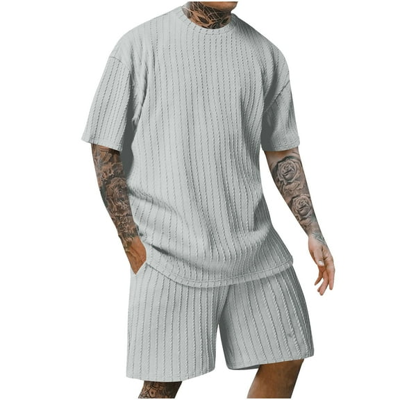 RYDCOT Men's Knitted Cotton 2 Piece Outfits Short Sleeve Crew Neck Summer T Shirt and Casual Track Shorts Sportswear Sets Gray
