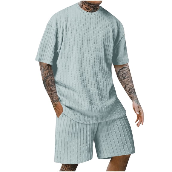 RYDCOT Men's Knitted Cotton 2 Piece Outfits Short Sleeve Crew Neck Summer T Shirt and Casual Track Shorts Sportswear Sets Green