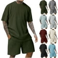 thumbnail image 1 of RYDCOT Men's Knitted Cotton 2 Piece Outfits Short Sleeve Crew Neck Summer T Shirt and Casual Track Shorts Sportswear Sets Wine, 1 of 6