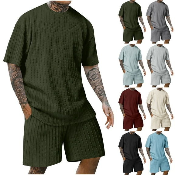 RYDCOT Men's Knitted Cotton 2 Piece Outfits Short Sleeve Crew Neck Summer T Shirt and Casual Track Shorts Sportswear Sets Wine