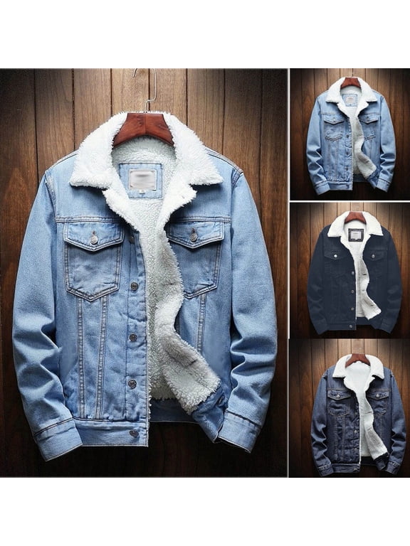 Men's Lamb Wool Lining Denim Jacket Trucker Jacket Jean Jacket Cowboy Coat Light blue 10(S)
