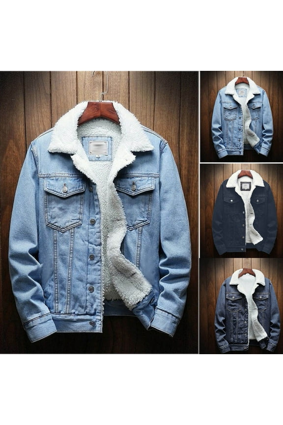 Men's Lamb Wool Lining Denim Jacket Trucker Jacket Jean Jacket Cowboy Coat Light blue 10(S)