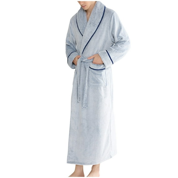 RYDCOT Men's Lapel Long Nightgown Casual Fashion Solid Color Flannel Pajamas for Sleeping Navy