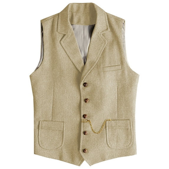 RYDCOT Men's Lapel Single Breasted Suit Vest V-Neck Sleeveless Vest Slim Fit Casual Vests Khaki