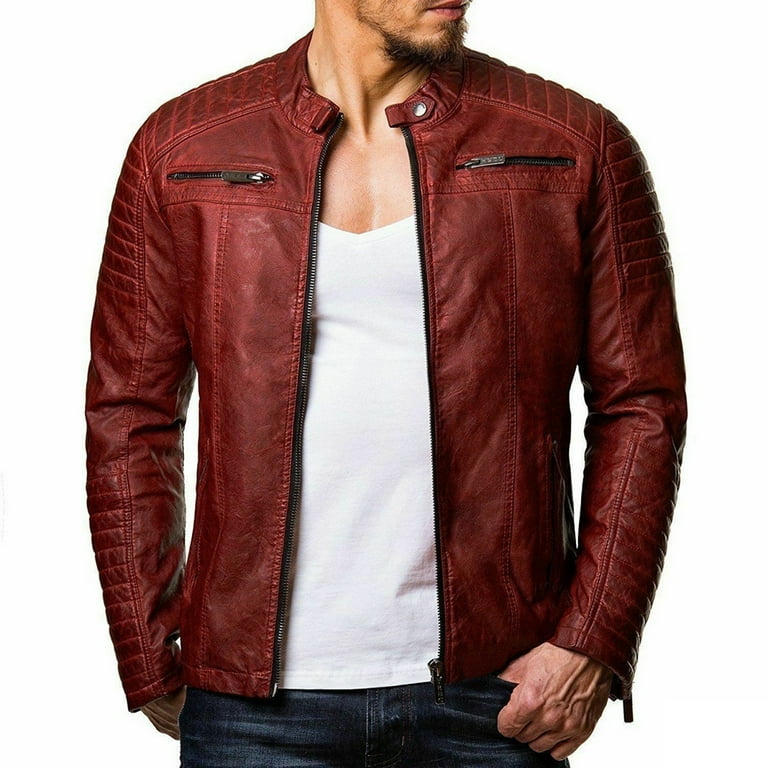 Fall Savings YODETEY Men s Leather Plus Fleece Jacket Motorcycle Jacket Warm Leather Jacket Red 14 3Xl