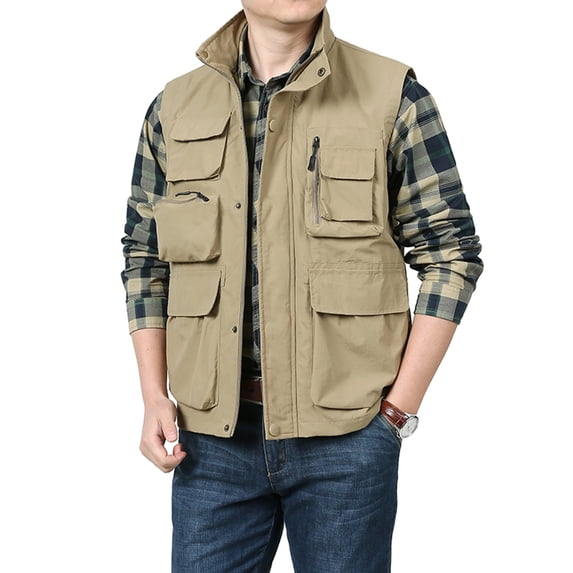 RYDCOT Men's Lightweight Quick Dry Breathable Openwork Journalist Photographer Fishing Vest Snap Button Waistcoat Sleeveless Jacket Outerwear Coat with Muti Pocket Khaki