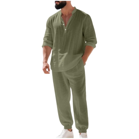 RYDCOT Men’s Linen Set 2 Pieces Long Sleeve Button Shirts Casual Drawstring Elastic Waistband Pants Summer Beach Outfits Army Green