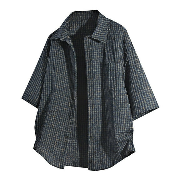 RYDCOT Men's Linen Short Sleeve Shirts Cotton Casual Lightweight Loose Fit Button Down Shirt Beach Vacation Summer Tops Blue