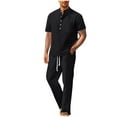 thumbnail image 1 of RYDCOT Men's Linen Suit 2 Piece Set Beach Casual Short Sleeve Half Button Henley Shirts Loose Long Pants Summer Vacation Outfits Black, 1 of 8