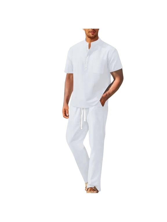 Men's Linen Suit 2 Piece Set Beach Casual Short Sleeve Half Button Henley Shirts Loose Long Pants Summer Vacation Outfits White