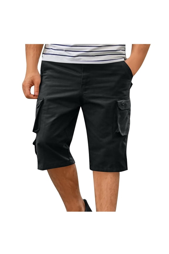 Men's Long Cargo Shorts Casual Below Knee 13 Inches Capri Shorts Relaxed Fit Cotton with Pockets Black