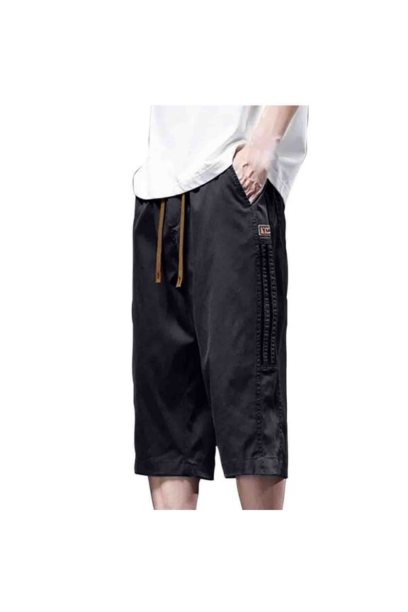 Men's Long Cargo Shorts Casual Below Knee 13 Inches Capri Shorts Relaxed Fit Cotton Elastic Casual Lightweight Summer Beach Shorts with Pockets Black