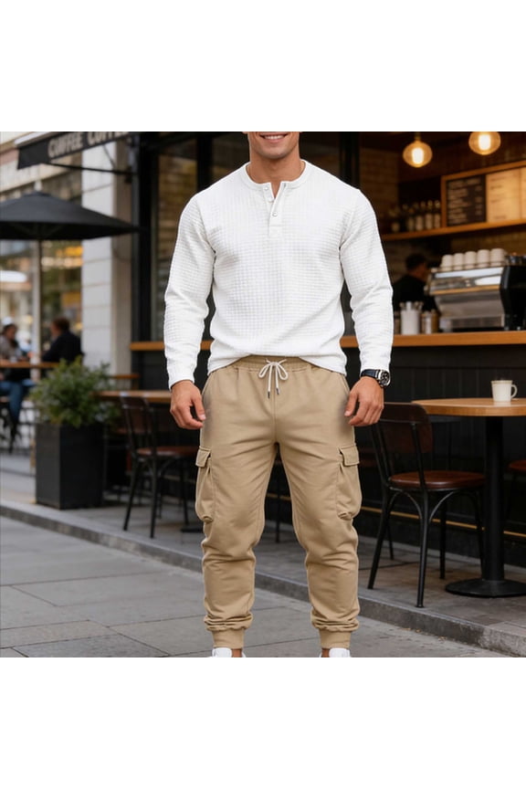 Men's Long Sleeve Outfits Waffle Knit Henley Shirt and Cargo Pants Set Casual 2 Pieces Spring Fall Tracksuits with Pockets Khaki