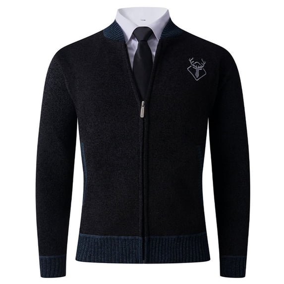 RYDCOT Men's Long Sleeve Stand-up Collar Print Cardigan Sweaters Fleece Jacket with Cable Knit Slim Full Zip Thick Knitted Sweater Fall Winter Sweaters with Pockets Black