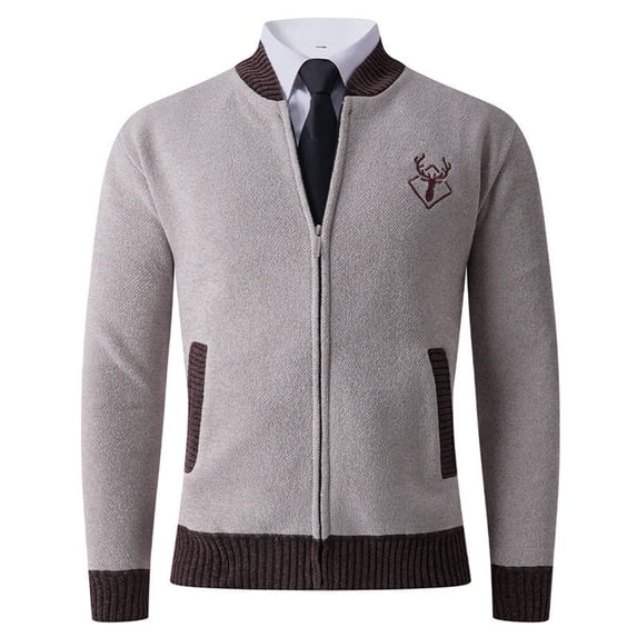 RYDCOT Men's Long Sleeve Stand-up Collar Print Cardigan Sweaters Fleece Jacket with Cable Knit Slim Full Zip Thick Knitted Sweater Fall Winter Sweaters with Pockets Beige