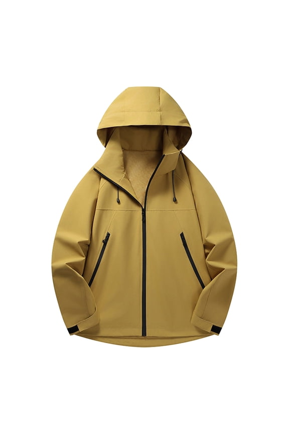 Men's Long Sleeved Jacket Outdoor Windproof and Waterproof Lightweight Outdoor Hiking Hooded Workwear Jacket Yellow