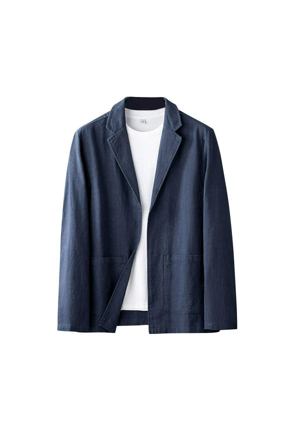 Men's Loose Casual Imitation Cotton and Linen Lapel Collar Jacket Solid Color Coat Long Sleeve Outerwear Navy