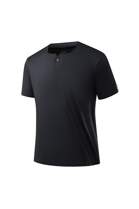 Men's Loose Fit Henley Shirt Basic T Shirt, Moisture Wicking Breathable Button Down Short Sleeve Round Neck Summer Tops Black