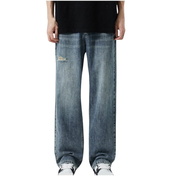 RYDCOT Men's Loose Fit Straight Leg Carpenter Jeans Baggy Wide Leg Plain Cotton Denim Pants Trousers Blue