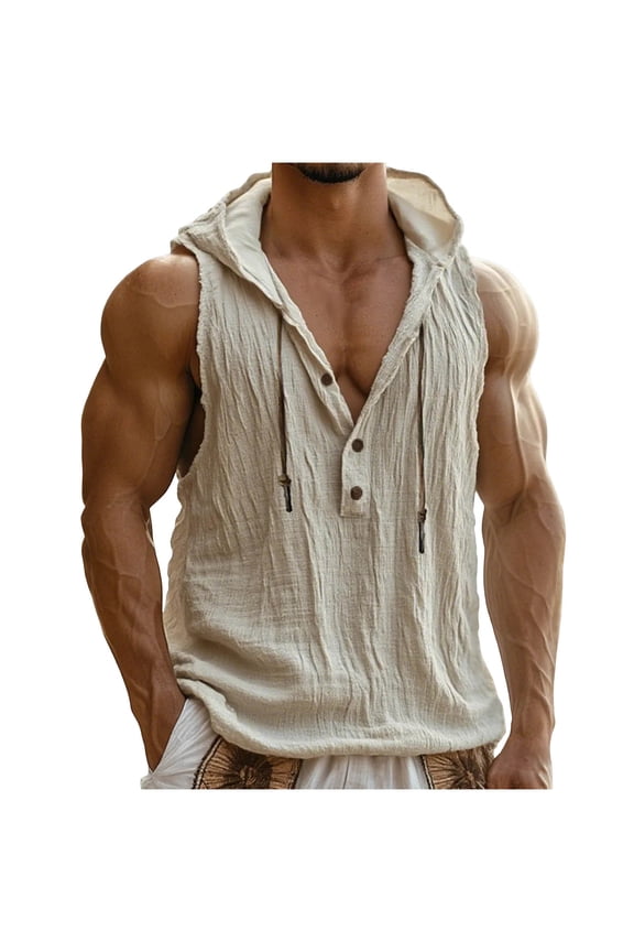 Men's Medieval Cotton Linen Hooded Tank Tops Surcoat Renaissance 1/4 Button Sleeveless Hoodie Pirate Tunic Viking Costume Beige