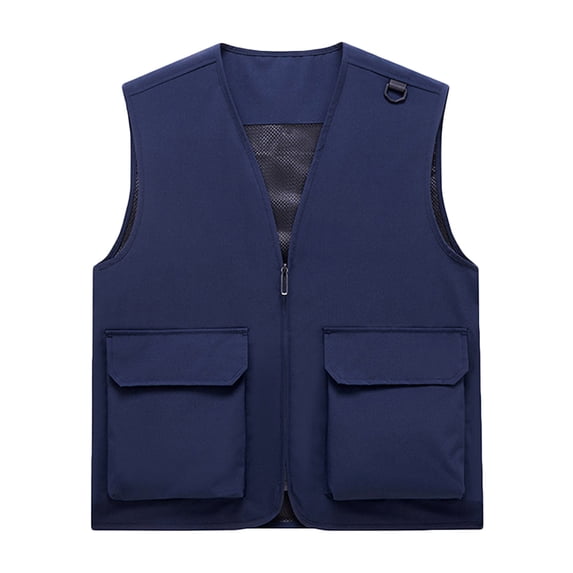 RYDCOT Men's Mesh Lined Fishing Vest Utility Zipper Summer Cotton Vests with Muti Pockets for Sai Travel Outdoor Work Photo Cargo Fly Navy