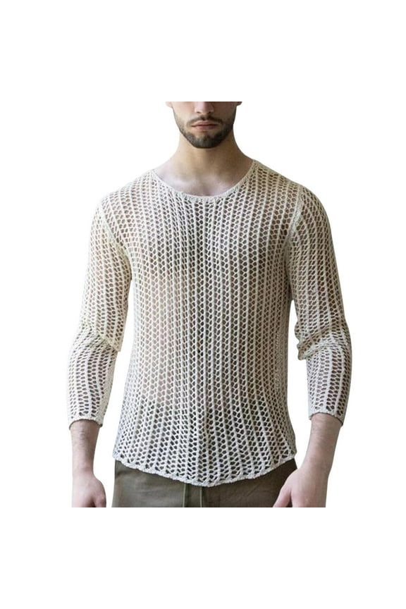 Men's Mesh Shirts Fishnet Top T-Shirts See Through Round Neck Mesh Hollow Out Knitted Muscle Crop Tee White