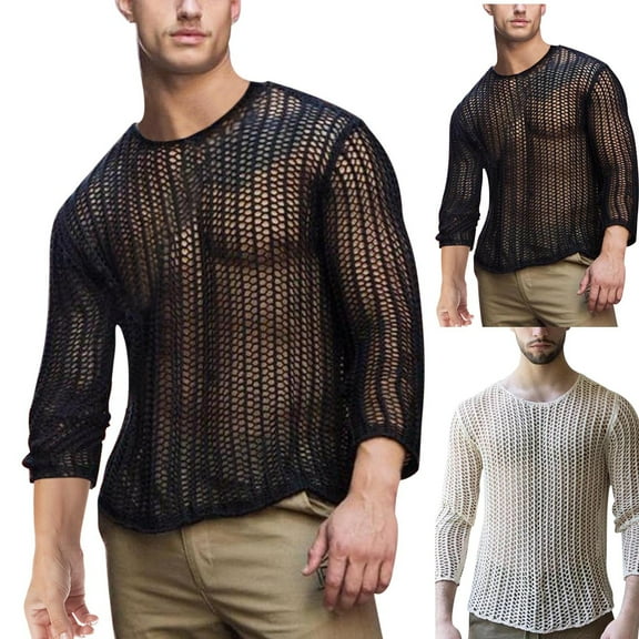 RYDCOT Men's Mesh Shirts Fishnet Top T-Shirts See Through Round Neck Mesh Hollow Out Knitted Muscle Crop Tee White