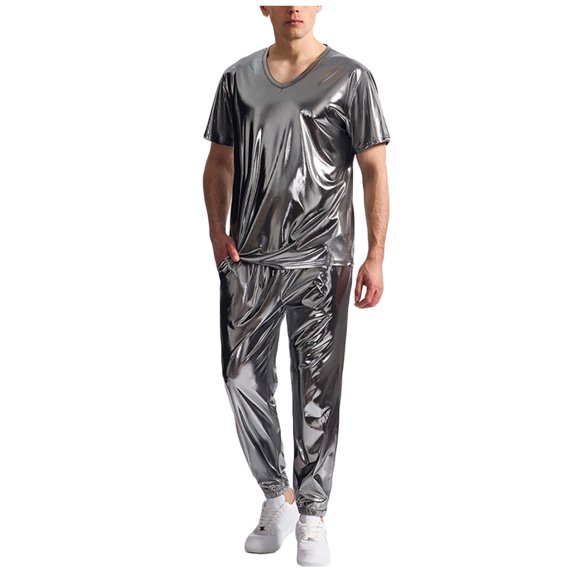 RYDCOT Men's Metallic Glossy V Neck Short Sleeve T Shirt and Pants 2 Piece Set Jacket Men Straight Leg Trousers Costume for Men Disco Cosplay Party Gray