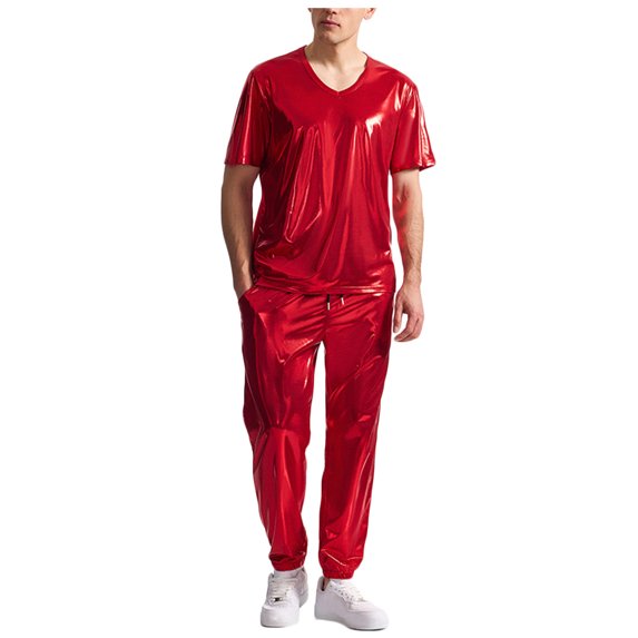 RYDCOT Men's Metallic Glossy V Neck Short Sleeve T Shirt and Pants 2 Piece Set Jacket Men Straight Leg Trousers Costume for Men Disco Cosplay Party Red