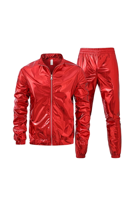Men's Metallic Shiny Jacket and Pants Set Full Zip Jacket Men Straight Leg Trousers Costume for Men Disco Party Red