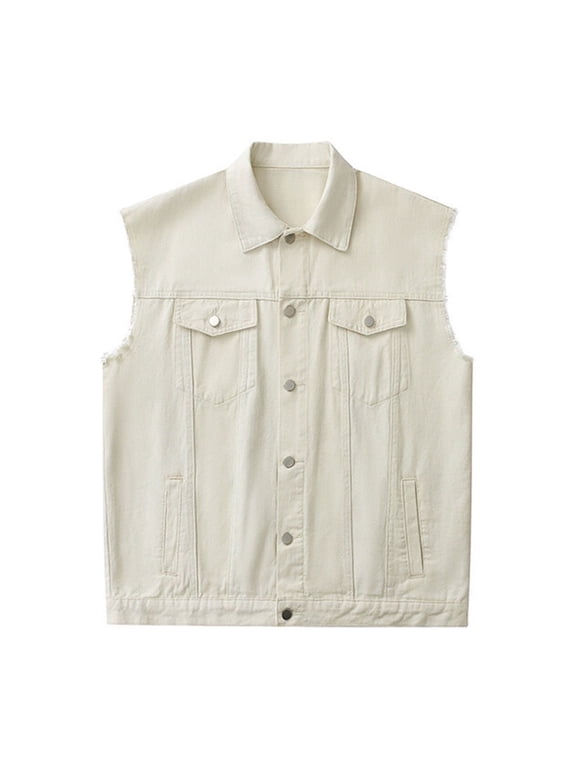 Men's Motorcycle Denim Vest,Sleeveless Jacket Slim Fit Vintage Casual Ripped Summer Jean Vest for Men Beige