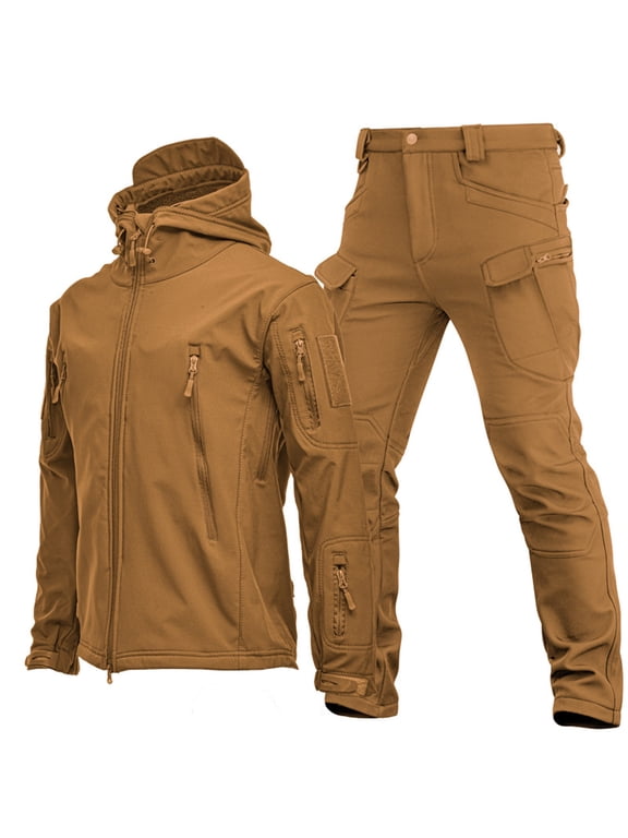 Men's Multi Pocket Workwear Set, Full Zip Jacket & Cargo Pants, Spring Autumn Casual Outdoor Outfit Brown