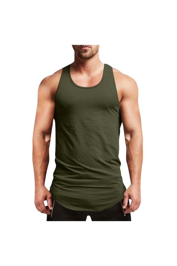 Men's Muscle Gym Workout Stringer U-Shaped Hem Tank Tops Bodybuilding Fitness T-Shirts Army Green