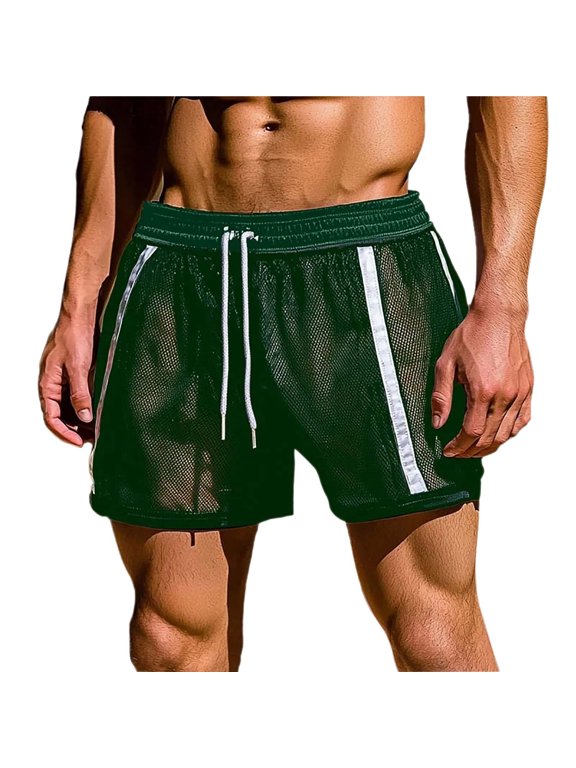 Men's Muscle Shorts Fishnet Breathable Openwork See Through Shorts Workout Running Gym Mesh Hot Shorts Swim Trunks Green