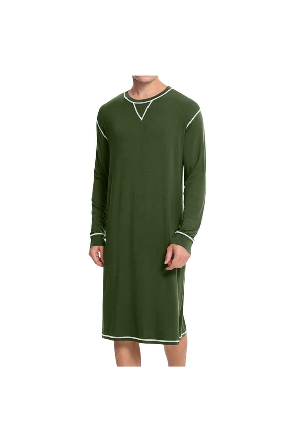 Men's Nightshirt Long Sleeve Round Neck Extended Pajamas Comfy Loose Sleep Shirt Army Green