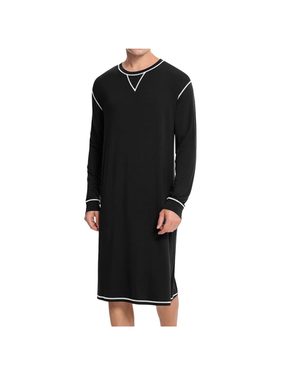 Men's Nightshirt Long Sleeve Round Neck Extended Pajamas Comfy Loose Sleep Shirt Black