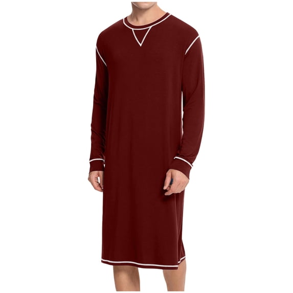 RYDCOT Men's Nightshirt Long Sleeve Round Neck Extended Pajamas Comfy Loose Sleep Shirt Wine