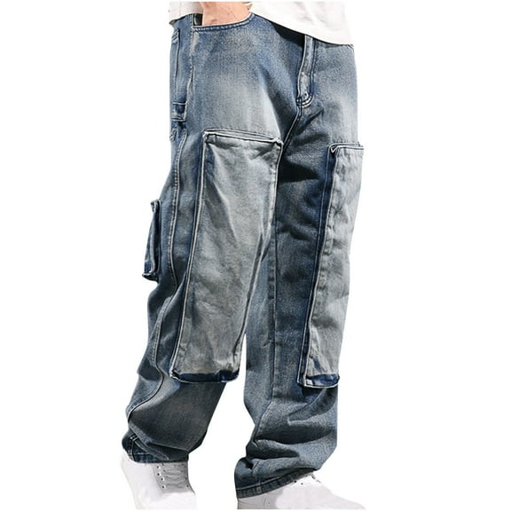 RYDCOT Men's Outdoor Casual Loose Hip Hop Denim Work Pants Jeans with Cargo Pockets Blue