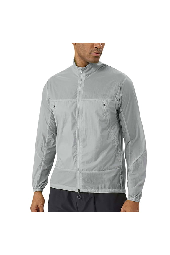 Men's Outdoor Lightweight Track Jackets Lightweight Full-Zip Casual Coat Workout Running Athletic Sun-Proof Stand Collar Jacket with Pockets Gray