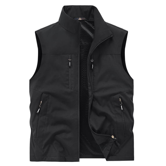 RYDCOT Men's Outdoor Lightweight Utility Vest for Sai Travel Fishing Hiking, Navy Blue, Multiple Zippered Pockets, Stand Collar Black