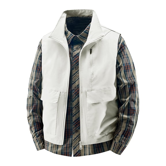 RYDCOT Men's Outdoor Vest, Multiple Pockets, Stand up Collar Outdoor Photography Vest Jacket White