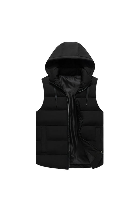 Men's Outdoor Winter Cotton Jacket Solid Color Sleeveless Hooded Zipper Cardigan Warm Vest with Detachable Hooded Black
