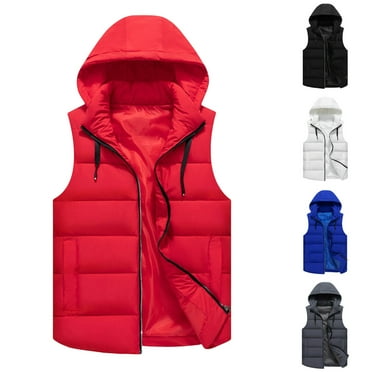 RYDCOT Men's Outdoor Winter Cotton Jacket Solid Color Sleeveless Hooded Zipper Cardigan Warm Vest with Detachable Hooded White